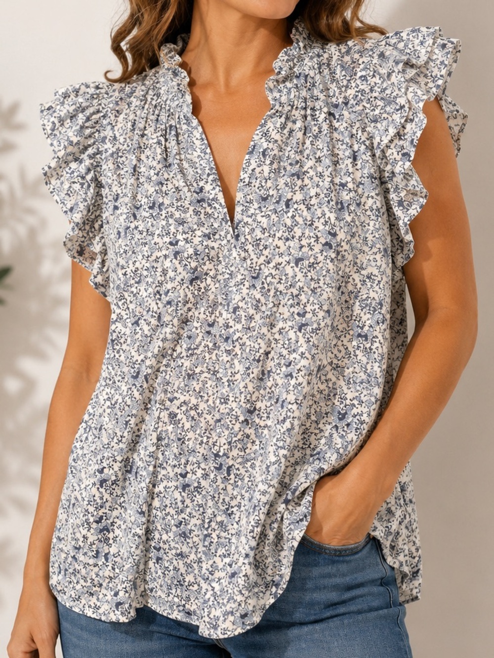 H&M Cream and Blue Floral Ruffle Sleeve Blouse LARGE